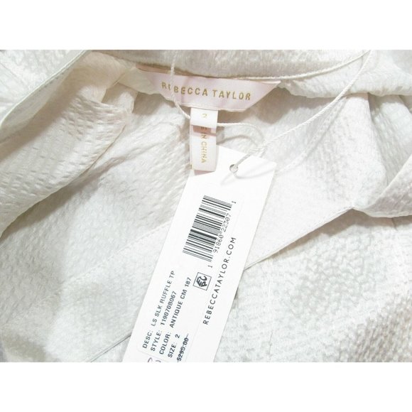 REBECCA TAYLOR Size 2 Ivory Long Sleeve Ruffle Hammered Silk V neck Blouse Top - Picture 4 of 4